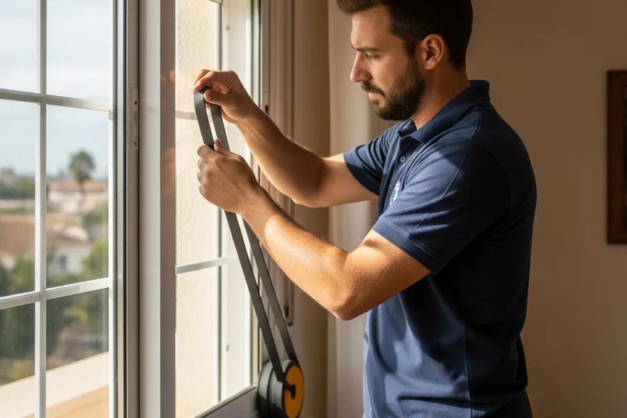 Tecnico sustituyendo la cinta de una persiana enrollable en vivienda